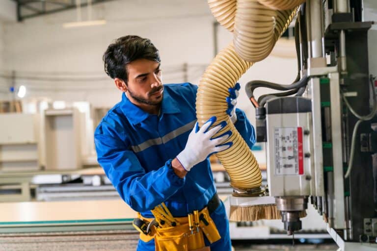 Carpenters Assembling Furniture Business. Young man in production of furniture factory background.